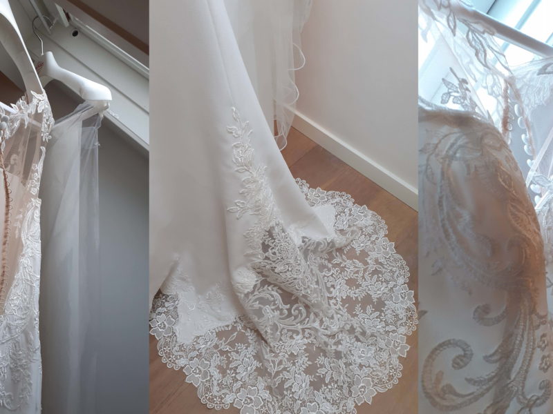 Ongedragen en niet vermaakte romantische A-lijn trouwjurk met prachtige sleep, incl. soft tulle Bianco sluier