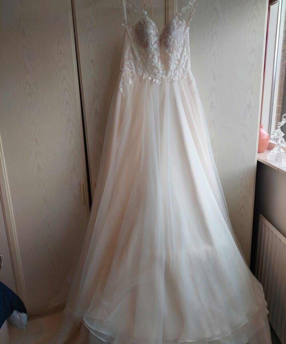 Trouwjurk Bianco Evento limited (mt 40), inclusief petticoat (Poerier S) en lange sluier.
