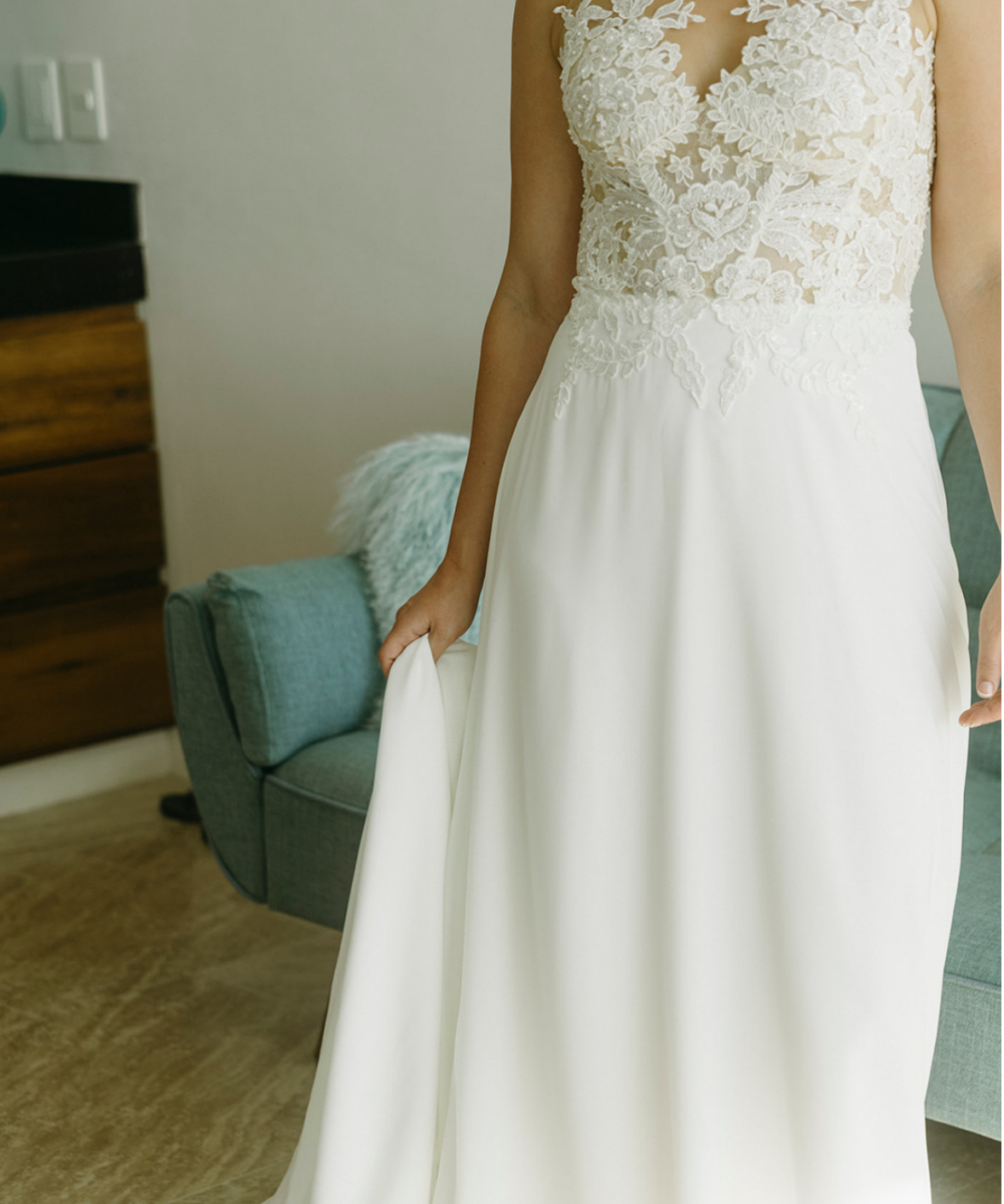 Illusion Lace Wedding Dress – High Neck, A-Line, Ivory - Size 36