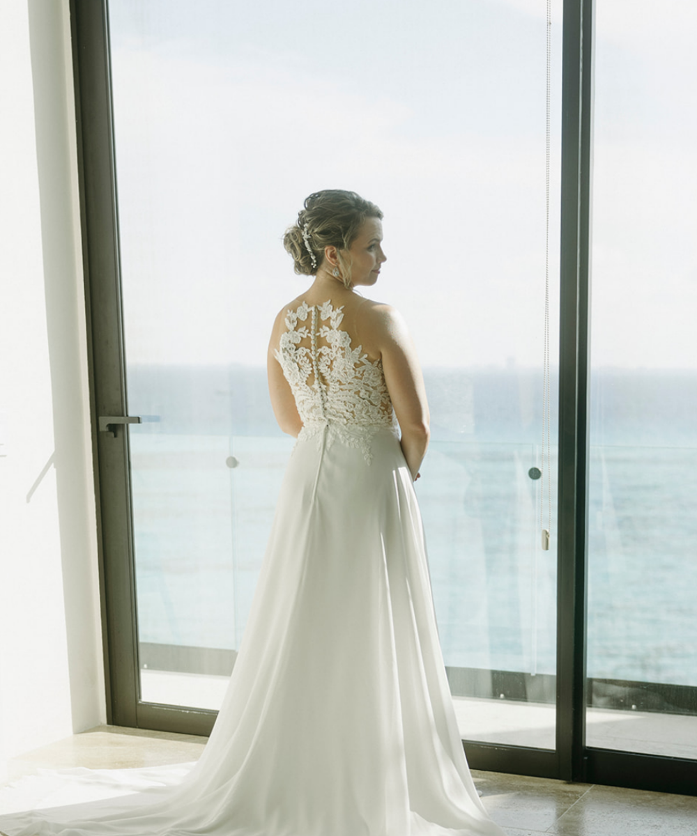 Illusion Lace Wedding Dress – High Neck, A-Line, Ivory - Size 36